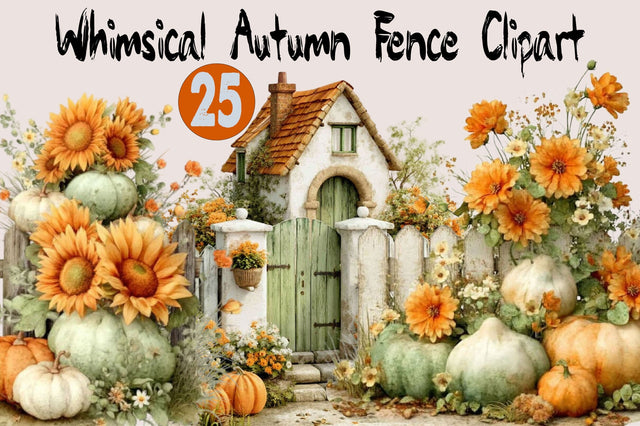 Watercolor Autumn Fence Clipart Bundle. Sublimation SVGArt 