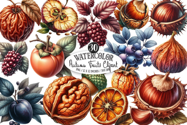 Watercolor Autumn Fruits Clipart Sublimation SVGista 