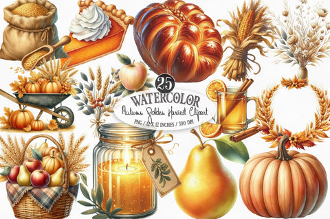 Watercolor Autumn Golden Harvest Clipart Sublimation SVGista 