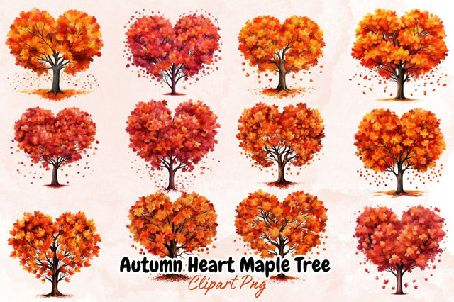 Watercolor Autumn Heart Maple Tree Clipart Bundle Sublimation Designangry 