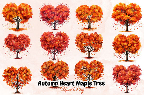 Watercolor Autumn Heart Maple Tree Clipart Bundle Sublimation Designangry 