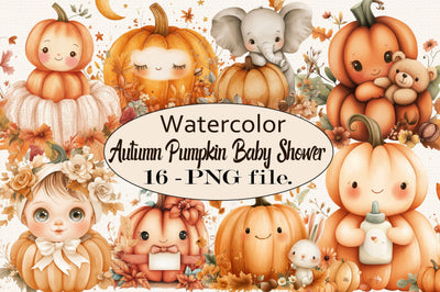 Watercolor Autumn Pumpkin Baby Shower PNG Bundle. Sublimation SVGArt 