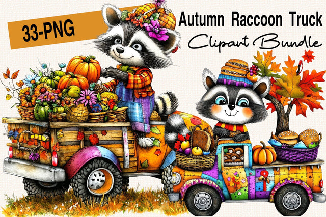 Watercolor Autumn Raccoon Truck Clipart Bundle. Sublimation SVGArt 