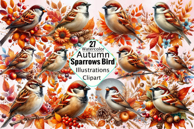 Watercolor Autumn Sparrows Bird Sublimation Clipart Bundle Sublimation SVGArt 