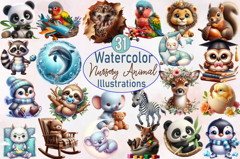 Watercolor Baby Animal Nursery Clipart Bundle Sublimation SVGArt 