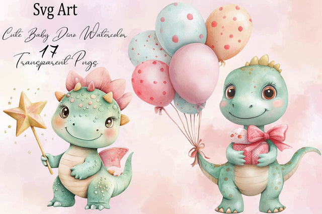 Watercolor Baby Dino Clipart Bundle. Sublimation SVGArt 