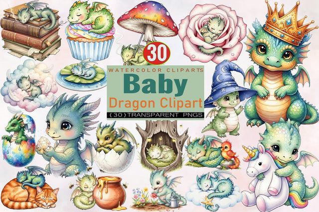Watercolor Baby Dragon Clipart Bundle. Sublimation SVGArt 