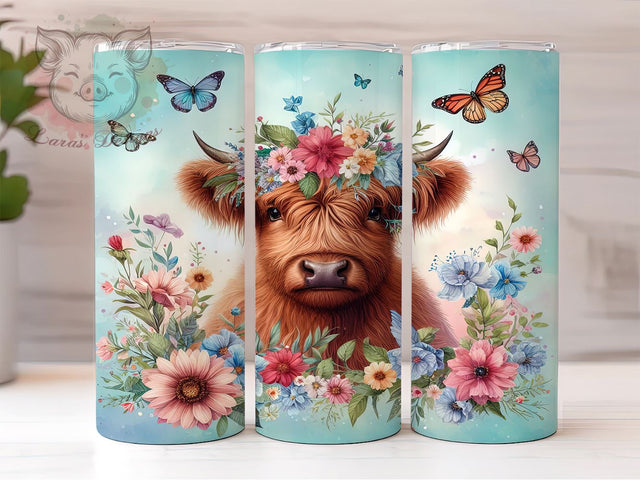 Watercolor Baby Highland Cow 20oz Tumbler Png, Straight & Tapered Tumbler Png, Butterfly Flower Animal Tumbler Png, Digital Download PNG Sublimation Lara' s Designs 