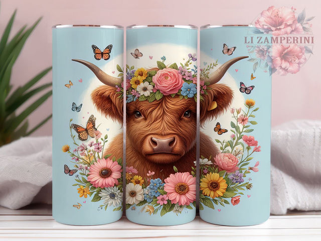 Watercolor Baby Highland Cow 20oz Tumbler Wrap PNG, Butterfly Flower Animal Tumbler Png, Straight & Tapered Tumbler Wrap, Instant Digital Download Sublimation Li Zamperini 