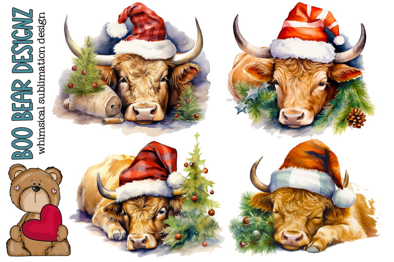 Watercolor Baby Highland Cow Christmas Clipart Sublimation Boo Bear Designz 