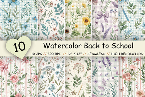 Watercolor Back to School Patterns, Seamless Grandmillennial Floral Bundle, Printable Scrapbook Paper, Gingham Botanical Design Collection Digital Pattern FloridPrintables 