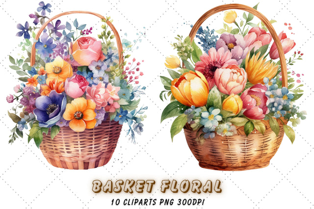 Watercolor Basket Floral Bouquet Clipart Sublimation FloridPrintables 