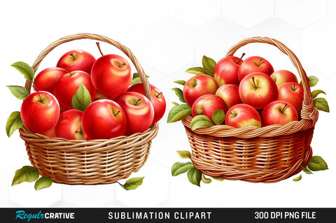 Watercolor Basket Of Apples Clipart Bundle Sublimation Regulrcrative 
