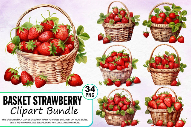 Watercolor Basket Strawberry Clipart Bundle Sublimation Regulrcrative 