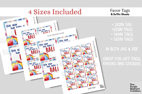 Watercolor Beach Ball Printable Favor Tag Label - End School Year Summer Vacation Gift Digital Pattern Fine Purple Elephant Creations 