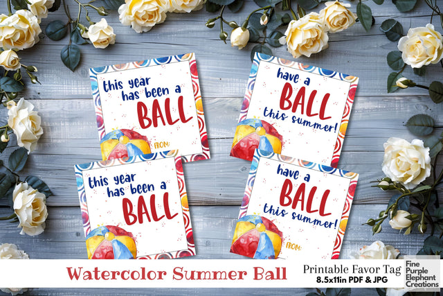 Watercolor Beach Ball Printable Favor Tag Label - End School Year Summer Vacation Gift Digital Pattern Fine Purple Elephant Creations 