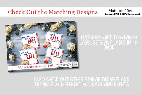 Watercolor Beach Ball Printable Treat Bag Topper Card - Small Favor End School Year Summer Gift Digital Pattern Fine Purple Elephant Creations 