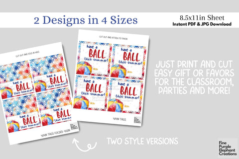 Watercolor Beach Ball Printable Treat Bag Topper Card - Small Favor End School Year Summer Gift Digital Pattern Fine Purple Elephant Creations 