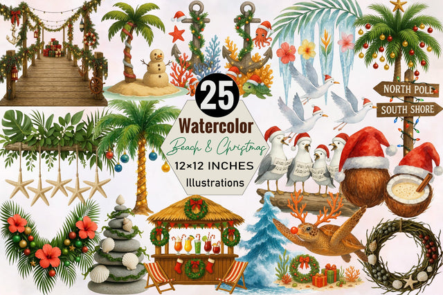 Watercolor Beach & Christmas Clipart Bundle. Sublimation SVGArt 