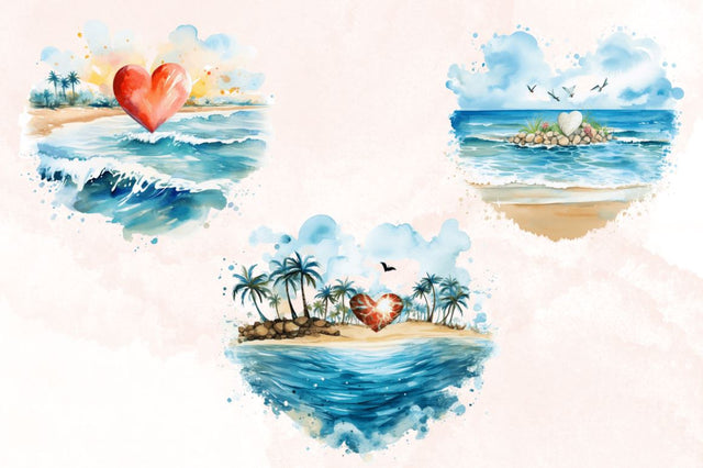 Watercolor Beach Heart Clipart Bundle Sublimation Designangry 