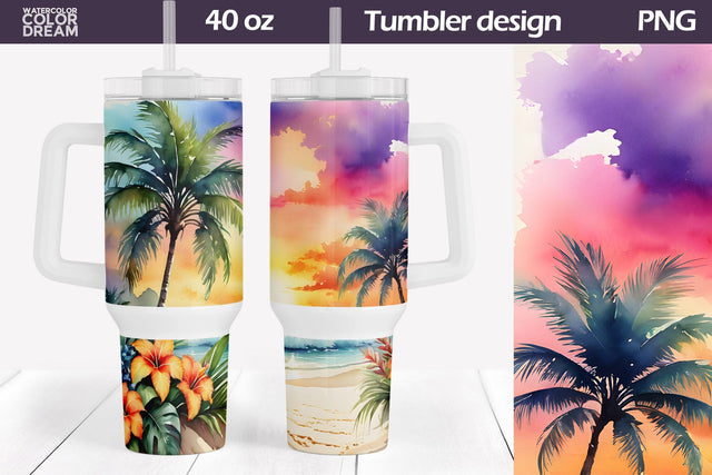 Watercolor Beach Tumbler 40 Oz | Tropical Beach 40 OZ Tumbler Sublimation WatercolorColorDream 