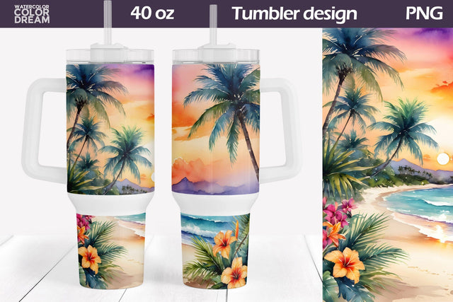 Watercolor Beach Tumbler 40 Oz | Tropical Beach 40 OZ Tumbler Sublimation WatercolorColorDream 