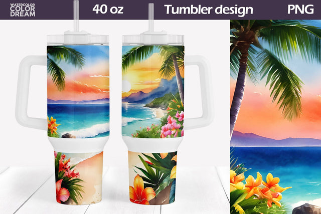 Watercolor Beach Tumbler 40 Oz | Tropical Beach 40 OZ Tumbler Sublimation WatercolorColorDream 