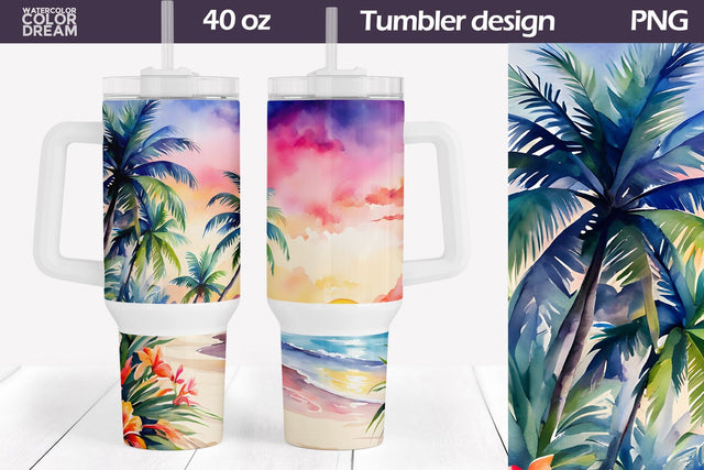 Watercolor Beach Tumbler 40 Oz | Tropical Beach 40 OZ Tumbler Sublimation WatercolorColorDream 