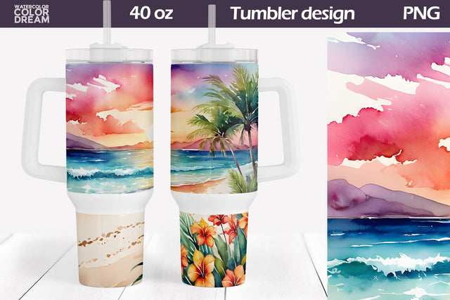 Watercolor Beach Tumbler 40 Oz | Tropical Beach 40 OZ Tumbler Sublimation WatercolorColorDream 
