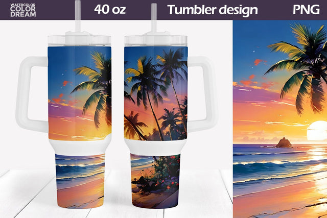 Watercolor Beach Tumbler 40 Oz | Tropical Beach 40 OZ Tumbler Sublimation WatercolorColorDream 
