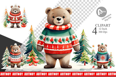 Watercolor Bear Christmas Clipart Sublimation artnoy 