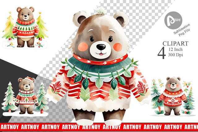 Watercolor Bear Christmas Clipart Sublimation artnoy 