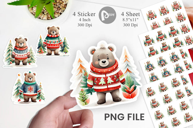 Watercolor Bear Christmas Sticker Sublimation artnoy 