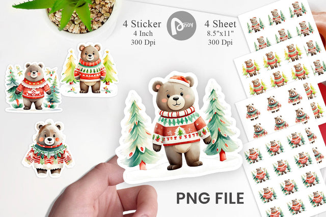 Watercolor Bear Christmas Sticker Sublimation artnoy 