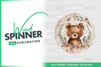 Watercolor Bear Wind Spinner Round Design with Floral Accents Sublimation Regulrcrative 