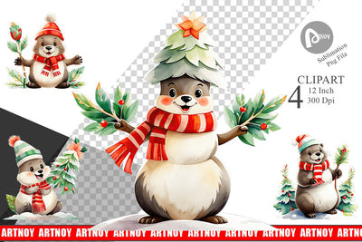 Watercolor Beaver Christmas Clipart Sublimation artnoy 