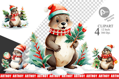 Watercolor Beaver Christmas Clipart Sublimation artnoy 