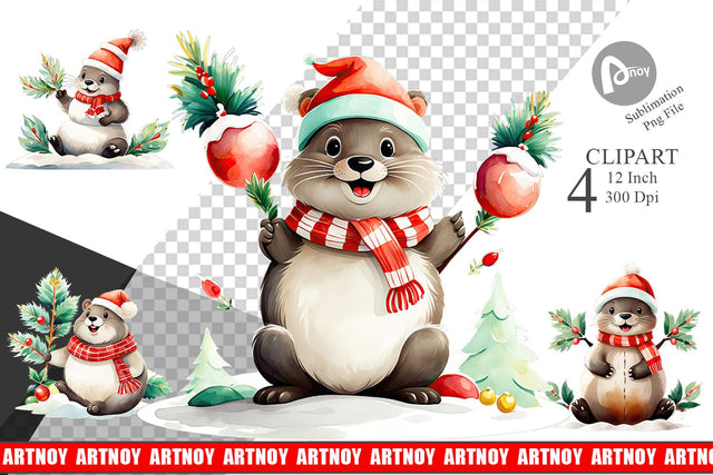 Watercolor Beaver Christmas Clipart Sublimation artnoy 