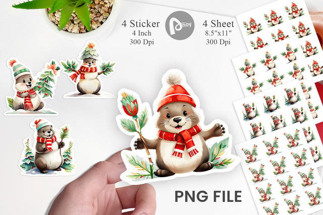 Watercolor Beaver Christmas Sticker Sublimation artnoy 
