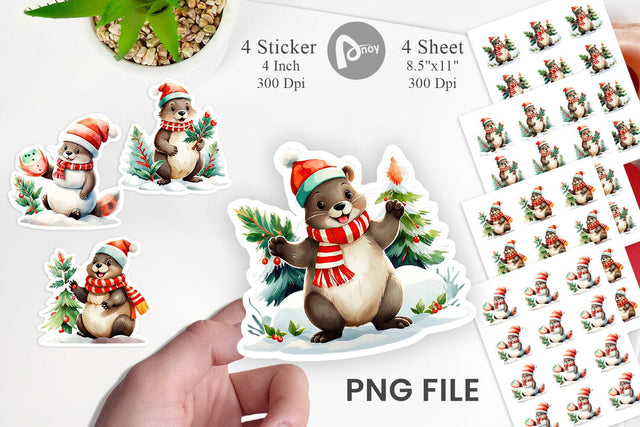 Watercolor Beaver Christmas Sticker Sublimation artnoy 