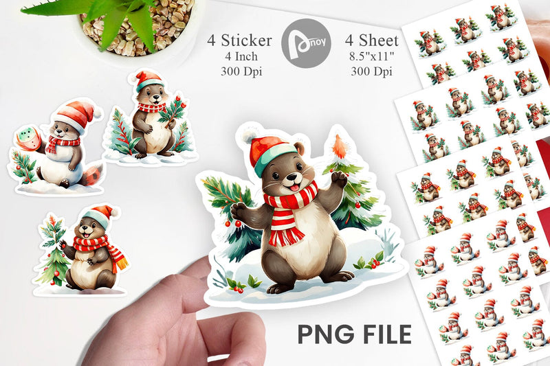 Watercolor Beaver Christmas Sticker Sublimation artnoy 