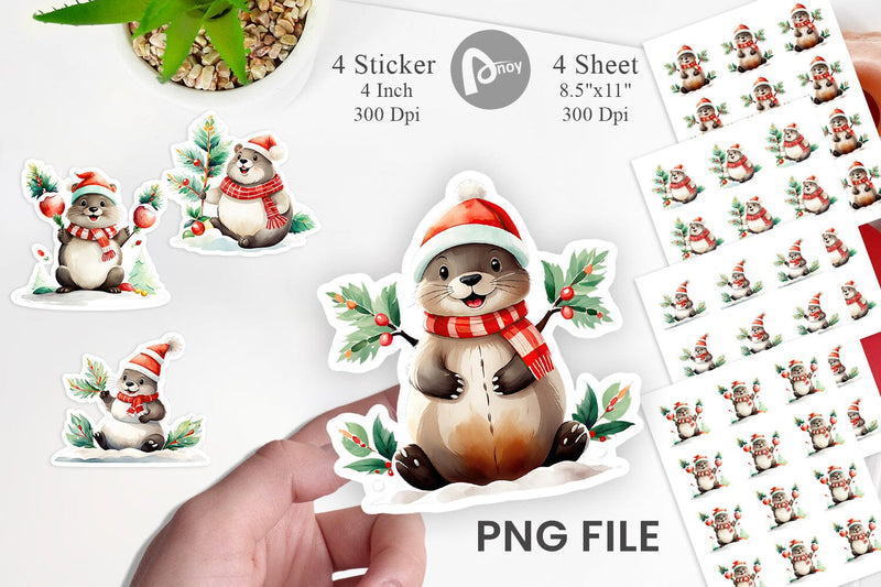 Watercolor Beaver Christmas Sticker Sublimation artnoy 