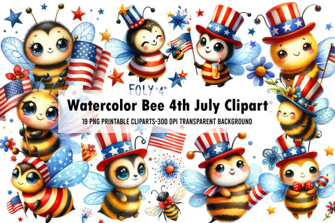 Watercolor Bee 4th July Clipart Sublimation Rupkotha 