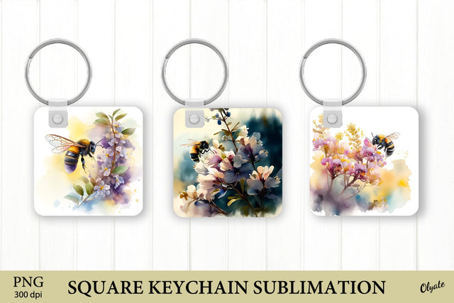 Watercolor Bee Keychain PNG. Square Keychain PNG Sublimation Olga Terlyanskaya 