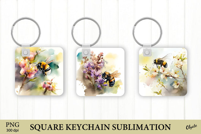 Watercolor Bee Keychain. Square Keychain PNG Sublimation Olga Terlyanskaya 