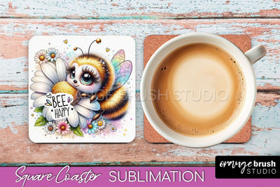 Watercolor Bee Square Coaster Sublimation - Bee Quote Sublimation OrangeBrushStudio 