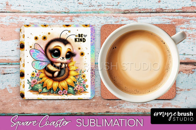 Watercolor Bee Square Coaster Sublimation - Bee Quote Sublimation OrangeBrushStudio 