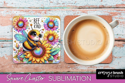 Watercolor Bee Square Coaster Sublimation - Bee Quote Sublimation OrangeBrushStudio 