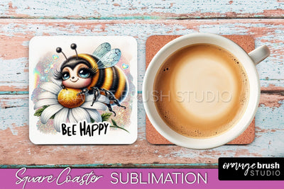 Watercolor Bee Square Coaster Sublimation - Bee Quote Sublimation OrangeBrushStudio 
