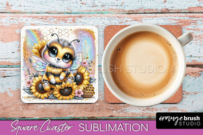 Watercolor Bee Square Coaster Sublimation - Bee Quote Sublimation OrangeBrushStudio 